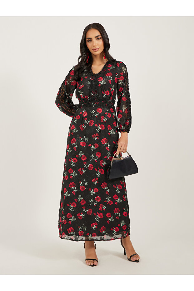 Floral Print Lace Detail A-Line Maxi Dress