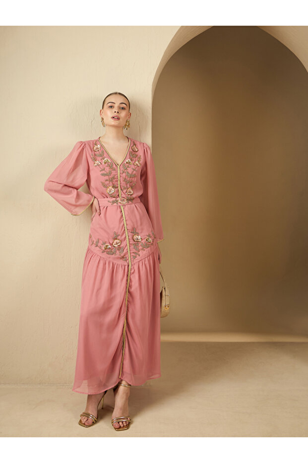 Embroidered Pleated V-Neck Kaftan with Belt
