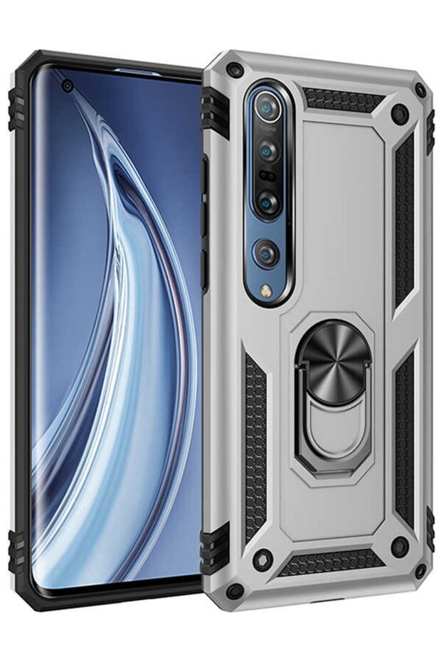 حافظة Mi Note 10 Lite مع حلقة مغناطيسية وغطاء فيغا فضي + واقي شاشة شبح