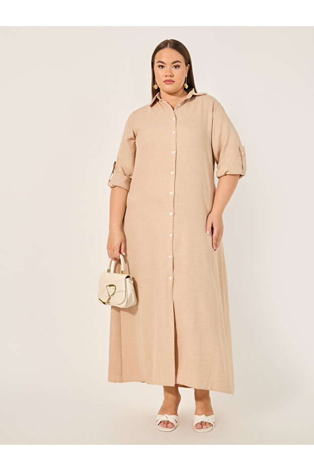 Plus Size Roll-Up Sleeves Shirt Maxi Dress