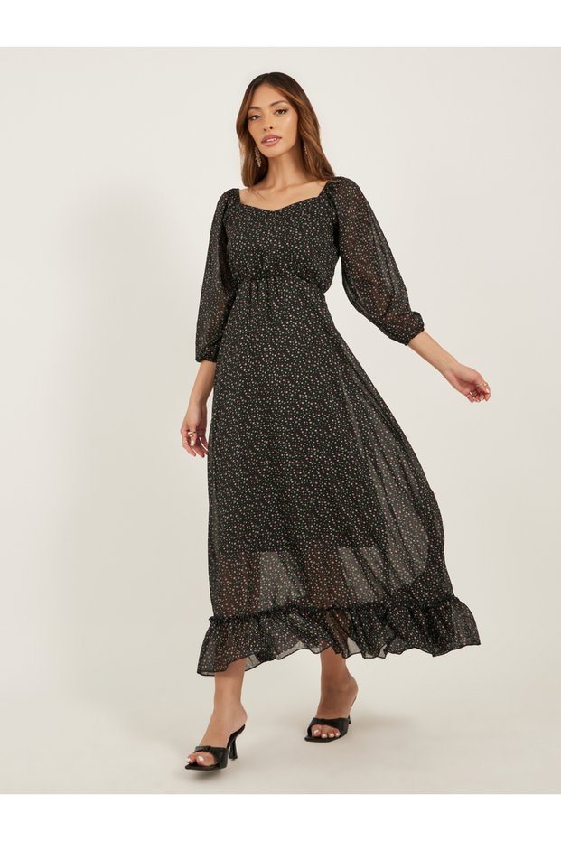 Floral Print Sweetheart Neck Balloon Sleeves Tiered Maxi Dress