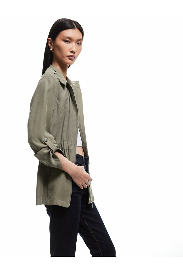Viscose Long Sleeve Pocket Zippered Stand Collar Short Trench Coat