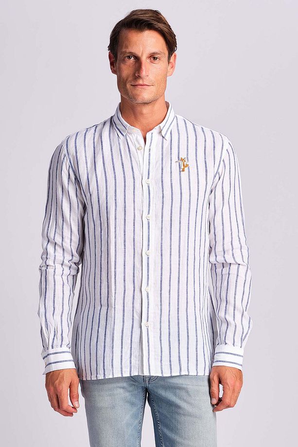 Çizgili % 100 Keten Relaxed Fit Logo Detaylı Gömlek Erkek GÖMLEK RMM027000018 24971 - 1