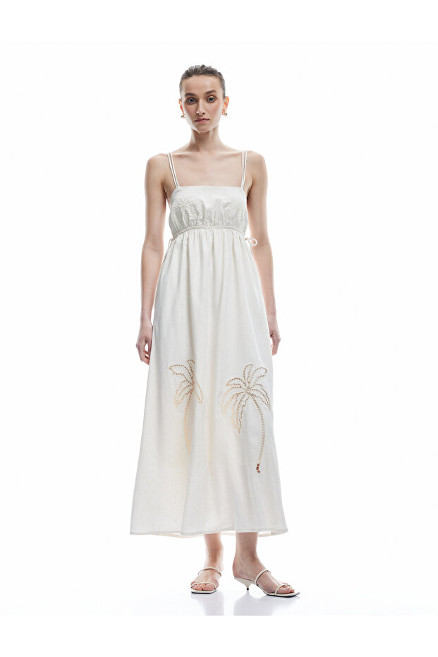 Lined Embroidery Detail Viscose Linen Blend Thin Strap Dress