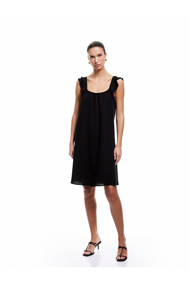 Viscose Linen Blended Square Neck Ruffle Strap Mini Dress