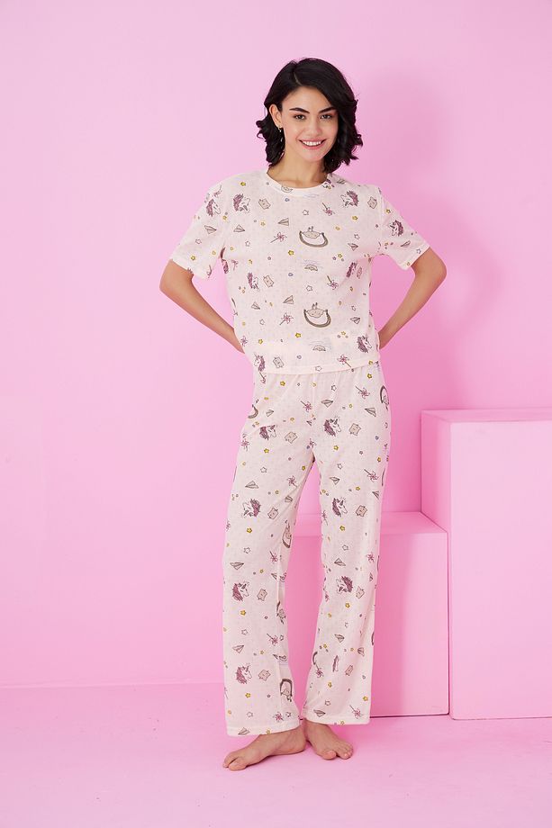 somon unicorn desenli Pointel Ajurlu/Delikli Bisiklet Yaka Örme Pijama Takım - 2