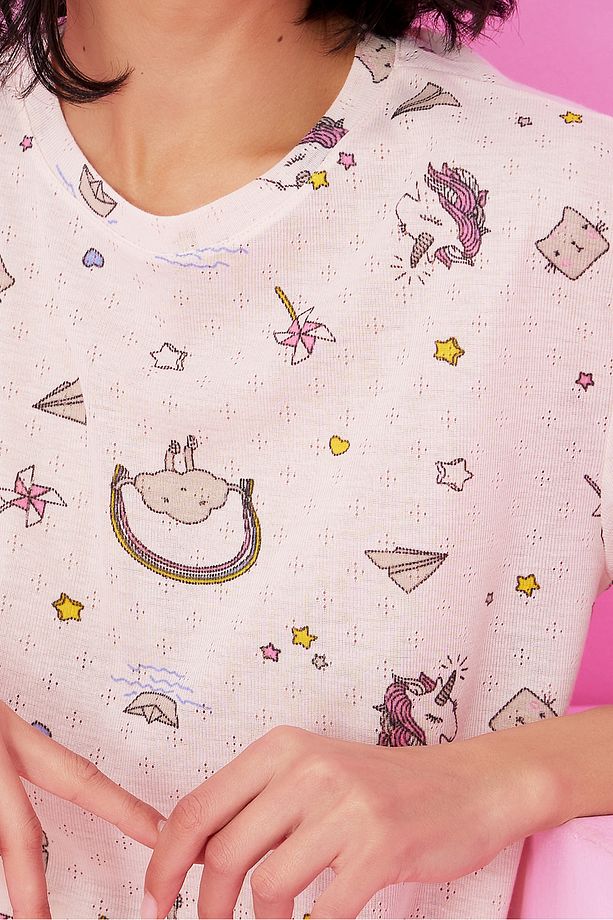 somon unicorn desenli Pointel Ajurlu/Delikli Bisiklet Yaka Örme Pijama Takım - 4