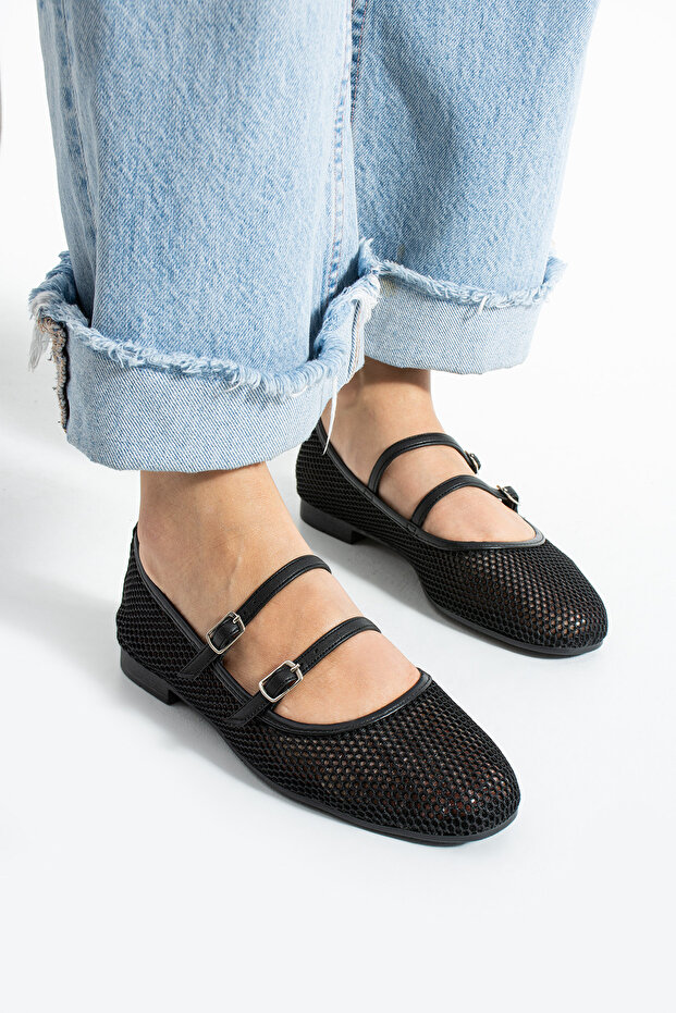 Black Women's Mesh Double Banded Comfortable Ergonomic Ballerina Soft Sole