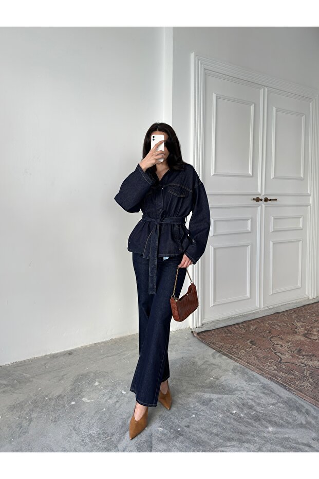 Women's Navy Blue Oversized Belted Denim Jacket Jeans Set