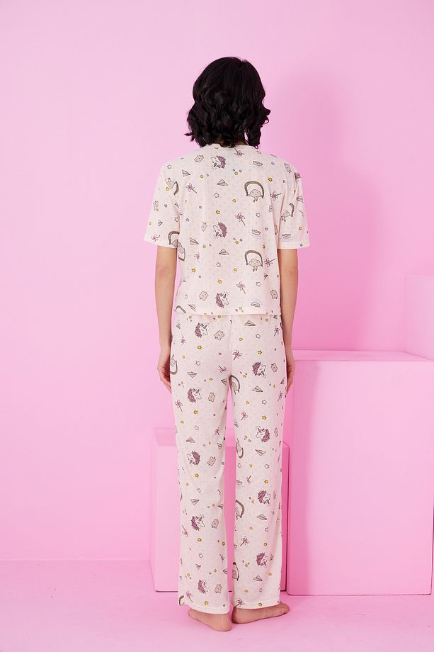 somon unicorn desenli Pointel Ajurlu/Delikli Bisiklet Yaka Örme Pijama Takım - 3