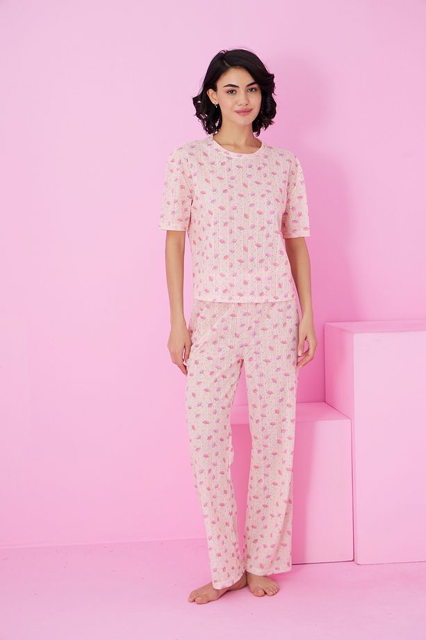 somon çiçek desenli Pointel Ajurlu/Delikli Bisiklet Yaka Örme Pijama Takım - 2