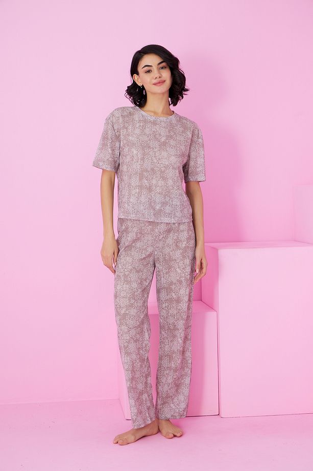 kahve çiçek desenli Pointel Ajurlu/Delikli Bisiklet Yaka Örme Pijama Takım - 2
