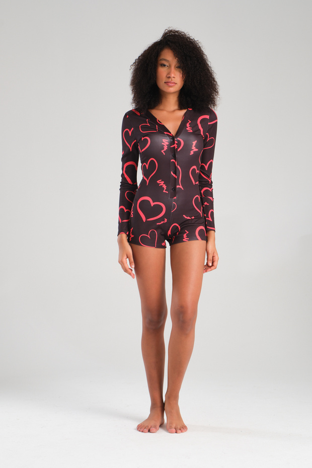 Printed and Buttoned Nightwear Jumpsuit / Homewear Pajamas Comfortable Use Long Sleeve Jumpsuit