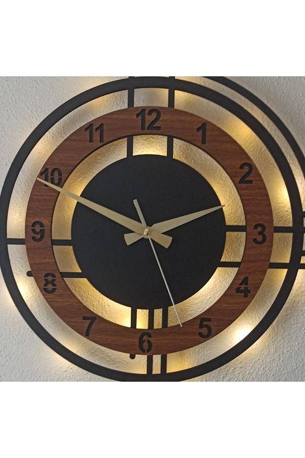 Ceviz Siyah Led Işıklı Duvar Saati | Modern Şık 50 Cm Dekoratif Duvar Saati - 6