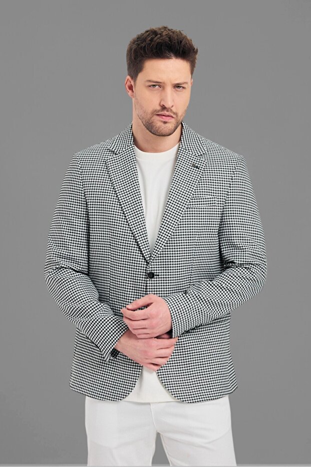 Pomfetti Men's Black Houndstooth Slim Fit Blazer Jacket (Large Size - Oversize)