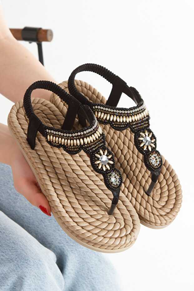 Straw Flip Flops Hand Knitted Stone Buckle Barley Patterned Black Stylish Women's Sandals