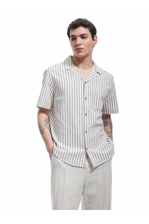 Short Sleeve Regular Fit Turn-Down Collar Cotton Striped Shirt