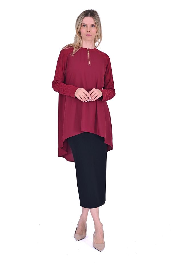 İNVEE 6143 Triko/Kumaş Tunik - Bordo - 1