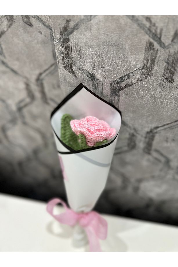 Pembe Tek Örme Örgü Gül Çiçek Buketi|Sevgiliye Hediye |8 Mart Hediye | Solmayan Gül |Anneye Hediye - 1