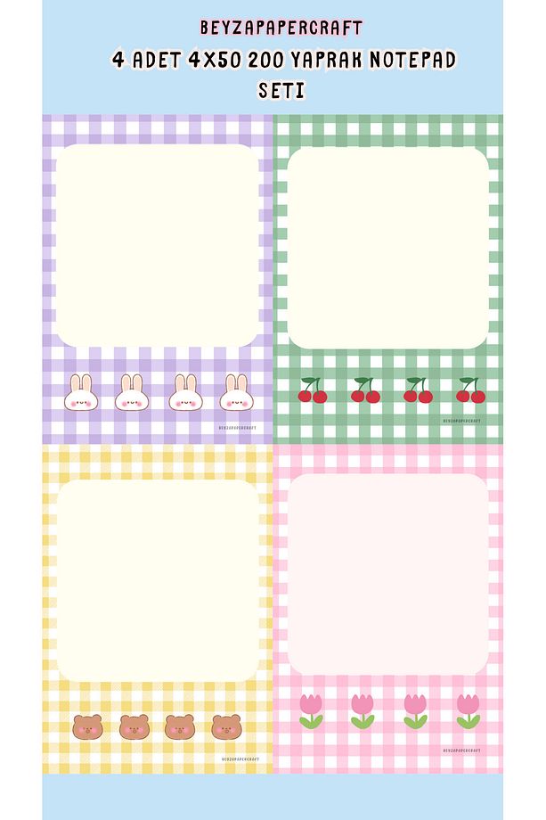 BeyzaPaperCraft 4'lü Notepad Seti Ayıcık,Tavşan,Çiçek,Kiraz Desenli-Not Kağıdı,Notepad - 8