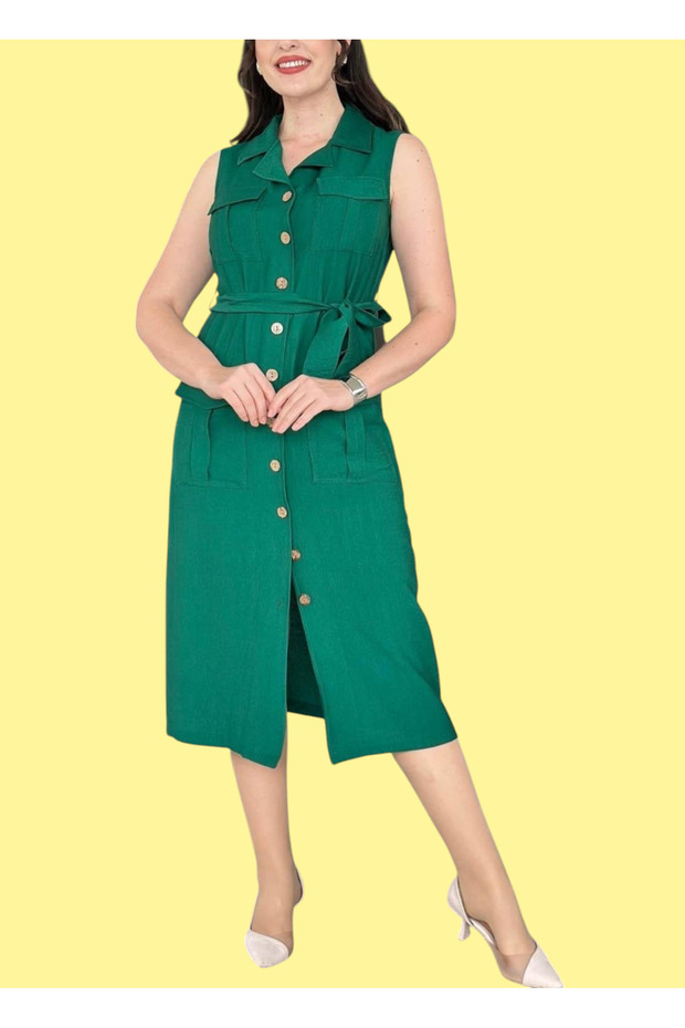 Polo Collar Premium Front Button Green Linen Dress