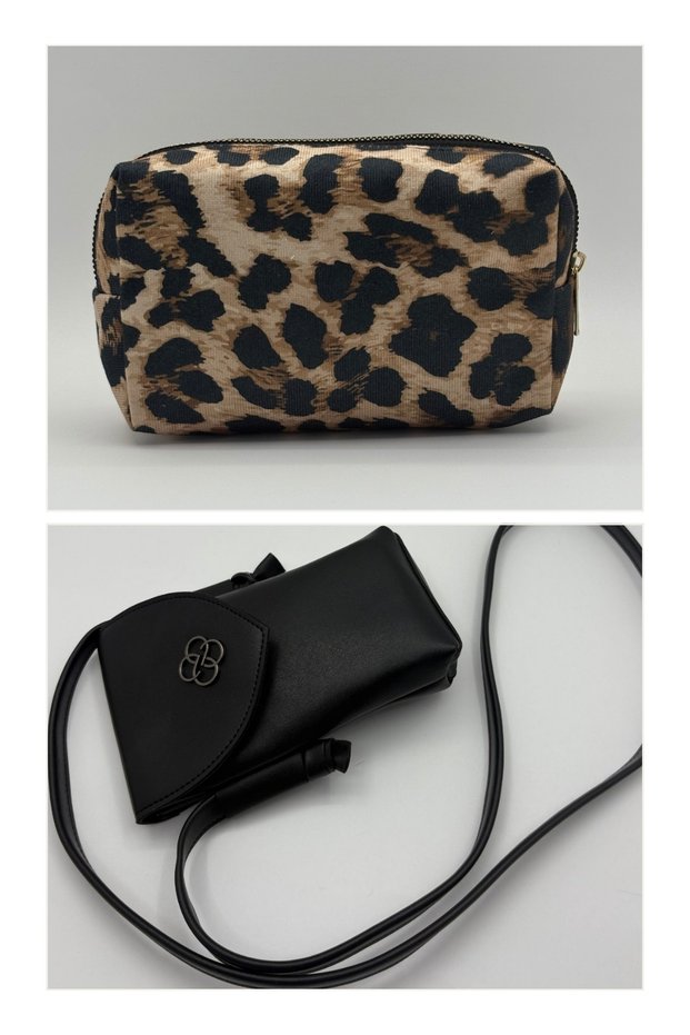 Women's Set of 2 Magnetic Cover Phone Bag and Zippered Makeup Bag Leopard - Black