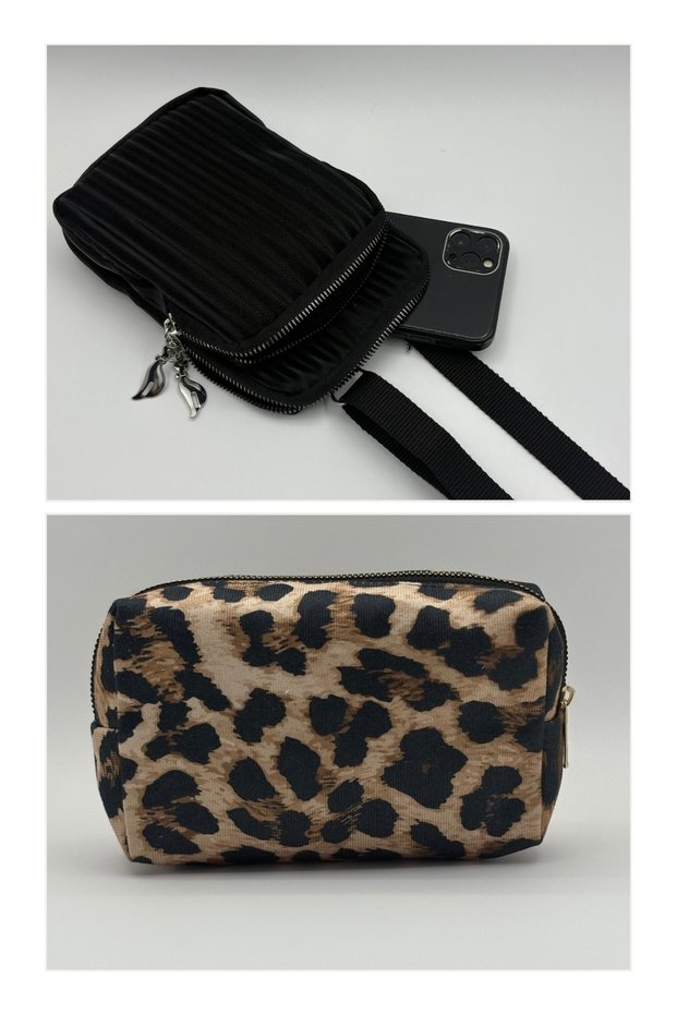 Women's Set of Two Two-Eye Phone Bag and Makeup Bag Set of Two Leopard - Black