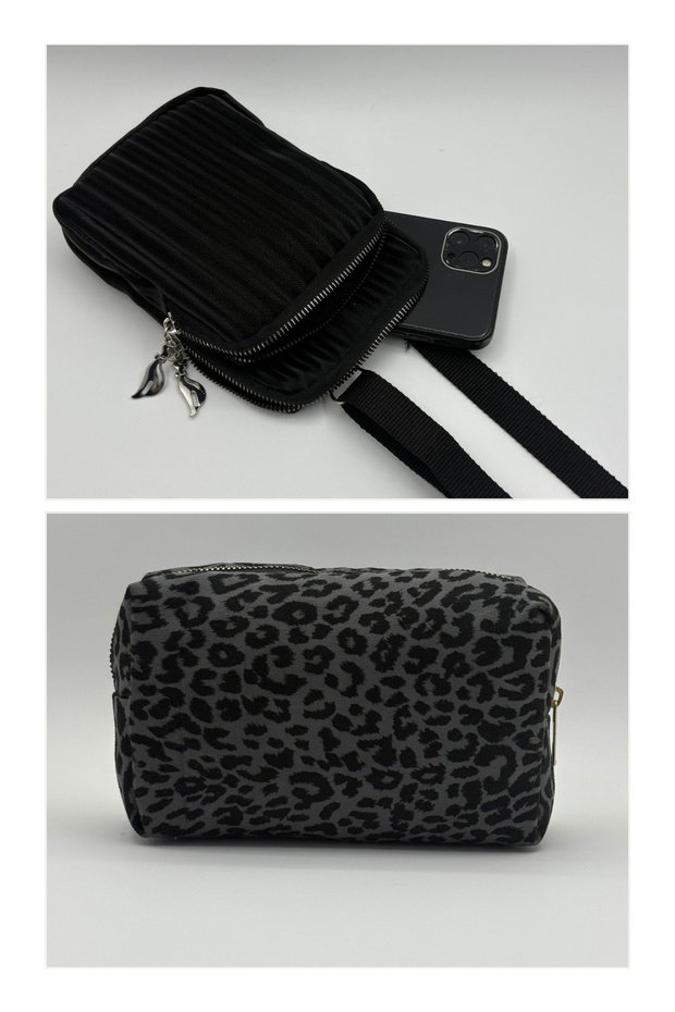 Women's Set of Two Two-Eye Phone Bag and Makeup Bag Set of Two Black