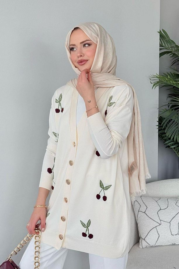 Kirazlı Merserize Hırka Ekru - 4