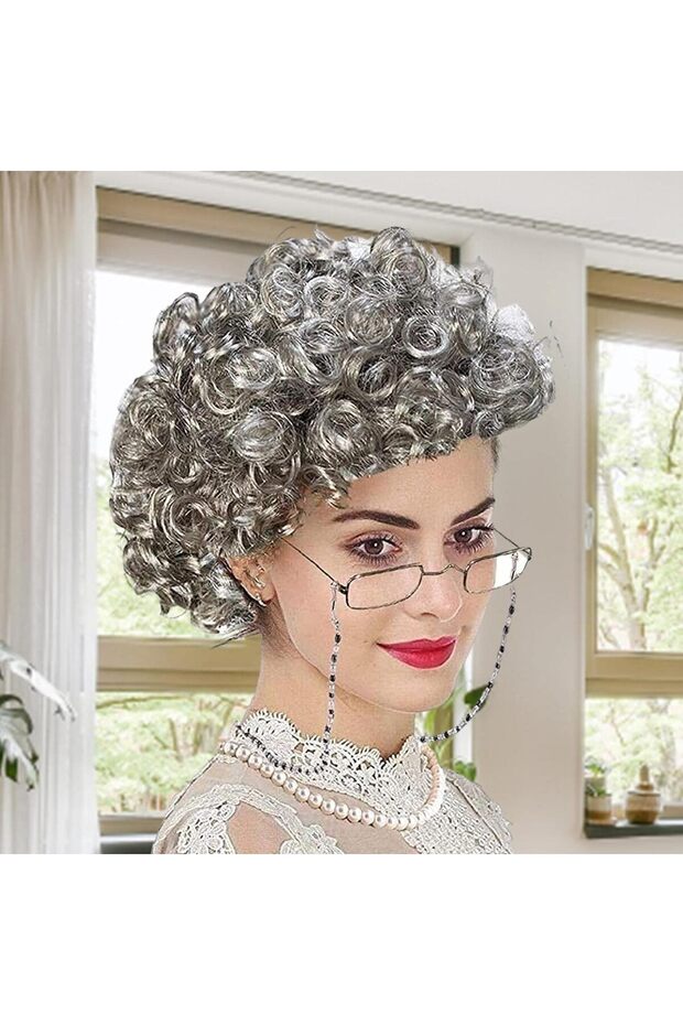 Gray Curly Granny Wig Lined Model - 3