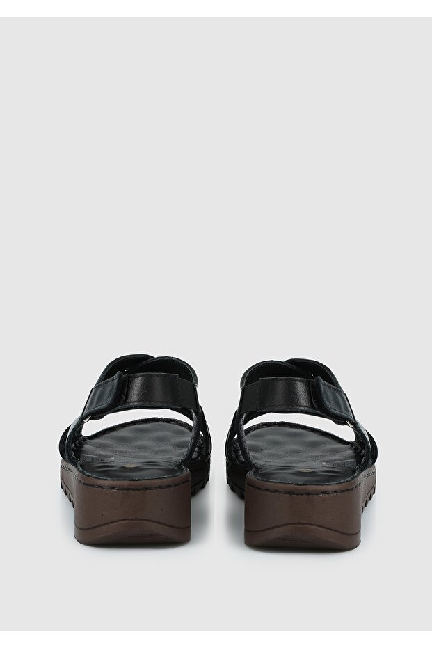 Siyah Deri Kadın Konfor Sandalet - 4