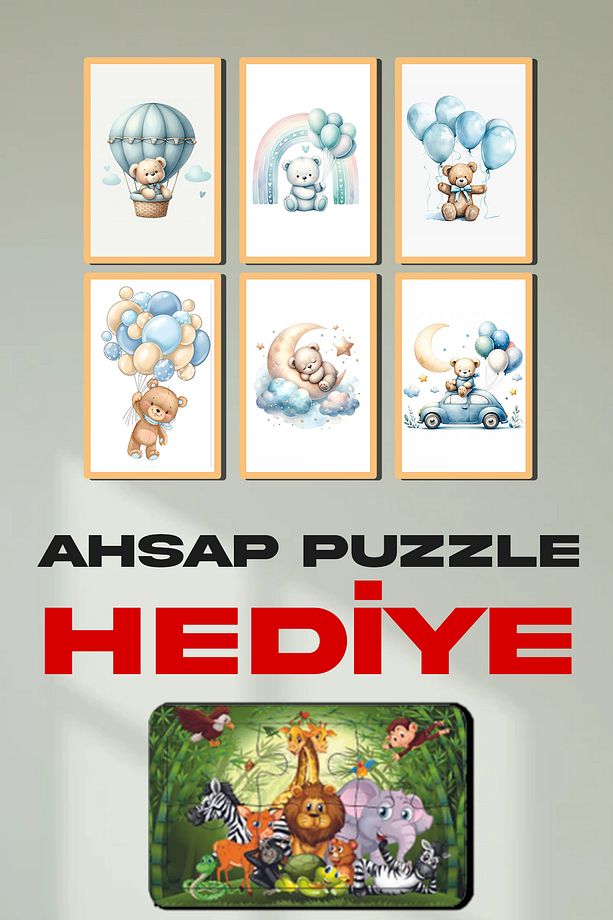 Sevimli Ay Araba Ayı Temalı 6 lı Tablo Set Bohem Çocuk Odası Dekoru (Puzzle Hediyeli) - 2