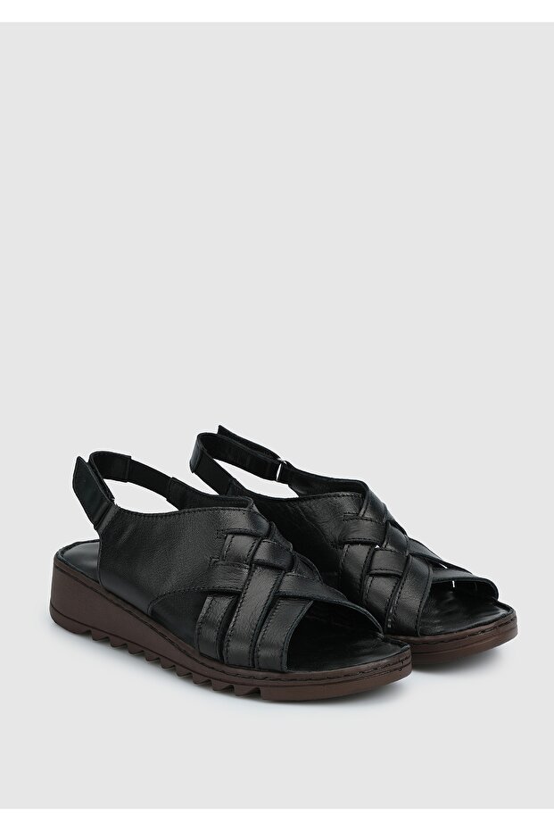 Siyah Deri Kadın Konfor Sandalet - 2