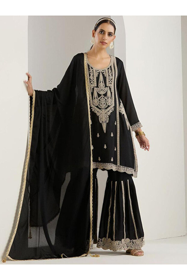 Embroidered Long Sleeve Kurta and Sharara with Dupatta Set