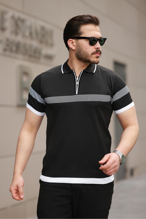 Black Striped and Zipper Detailed Polo Collar Knitwear Short Sleeve T-Shirt 2512