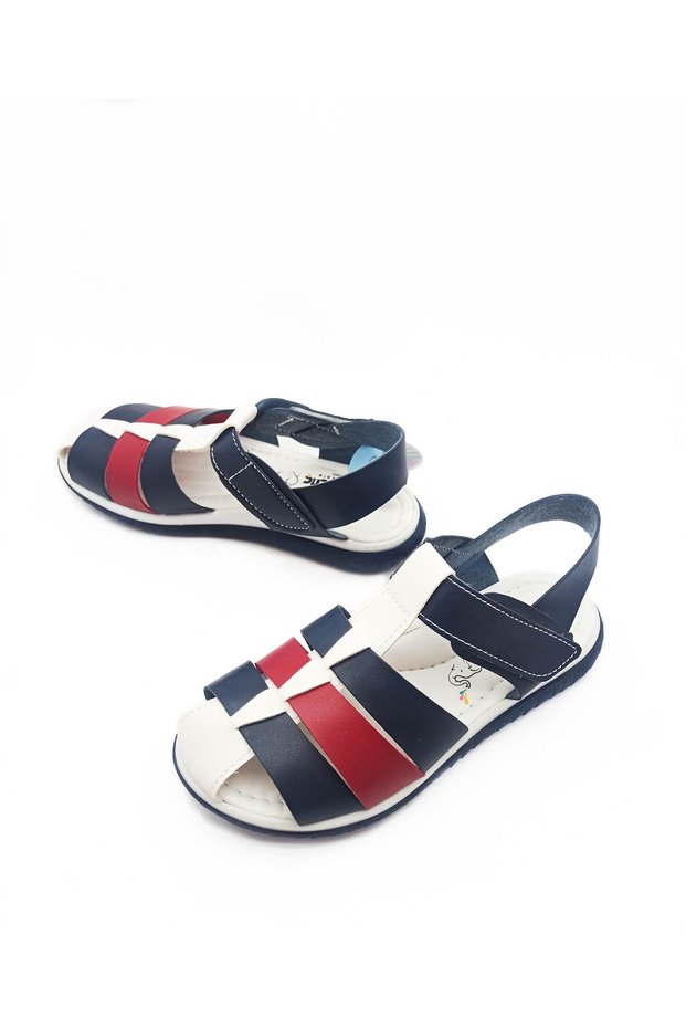 Şirin Young Orthopedic Sole Navy Blue-White Color Cage Model Velcro Boys Sandals