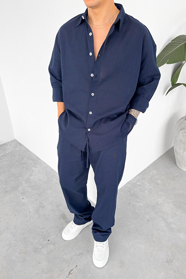 Lacivert Premium Keten Basic Oversize Gömlek - 1