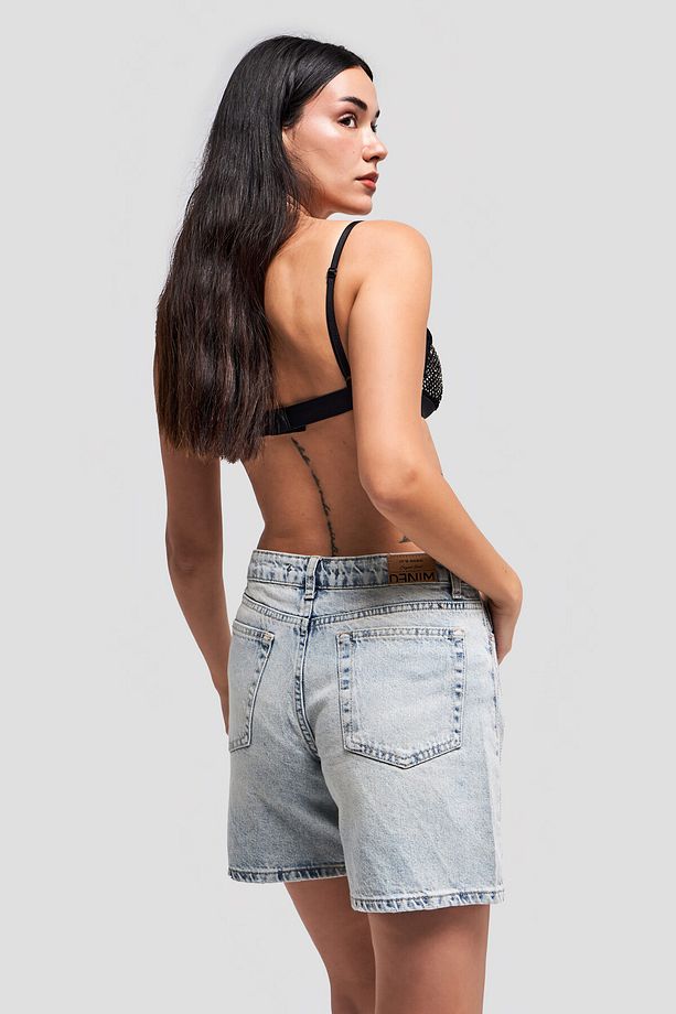 Kadın Tint Renk Önü Parlak Taşlı Mom Fit Denim Şort - 7