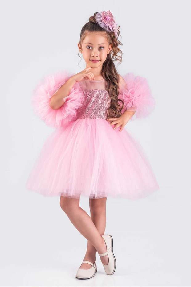 Girl's Evening Dress with Pompom Sleeves and Sequined Tutu