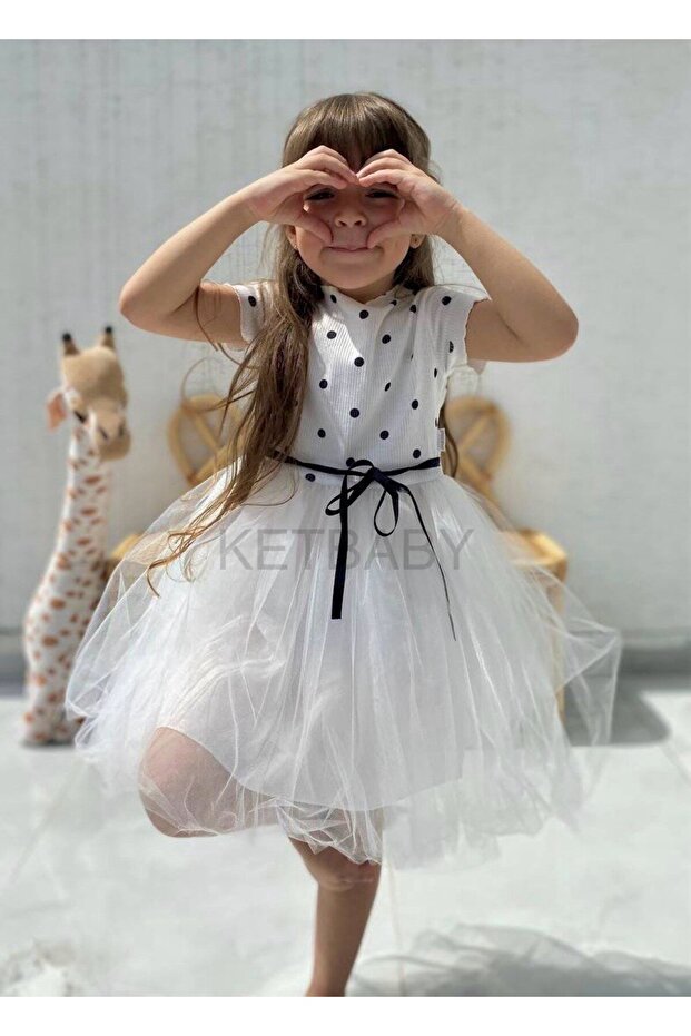 Girl's Polka Dot Patterned Ribbon Short Sleeve Dress