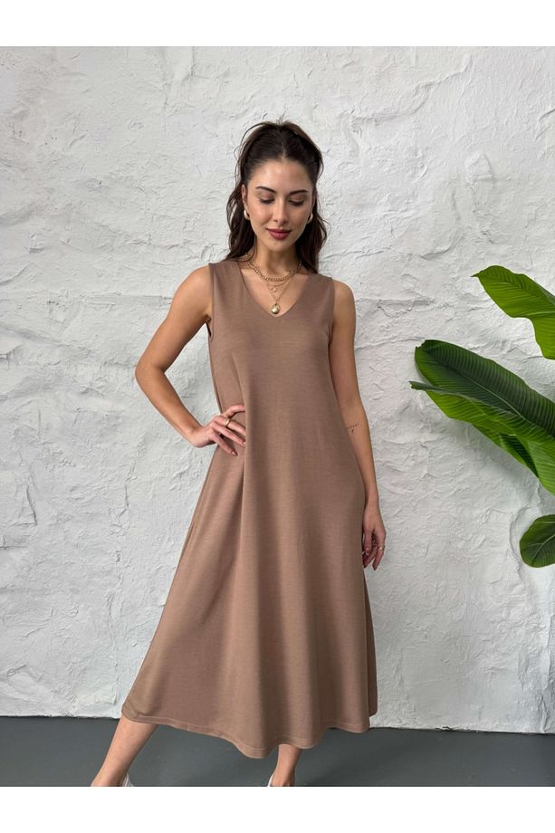 Kahve Sıfır Kol Modal Elbise - 5