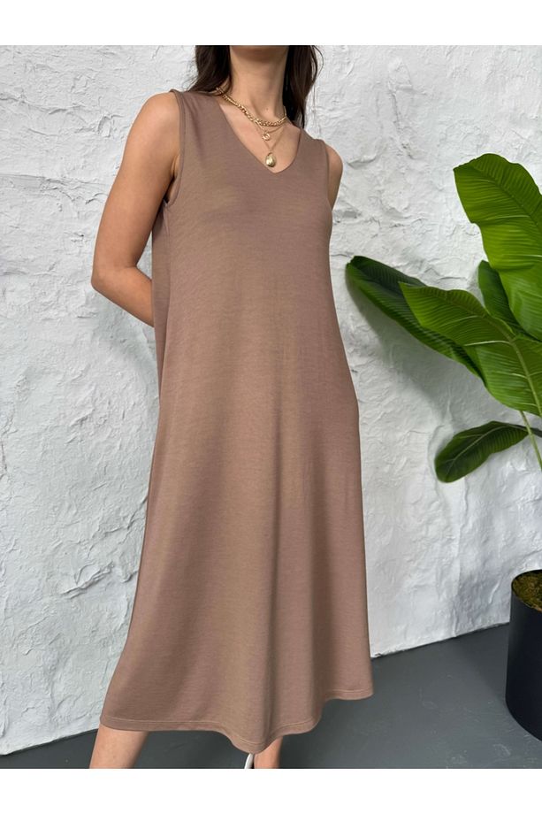 Kahve Sıfır Kol Modal Elbise - 4