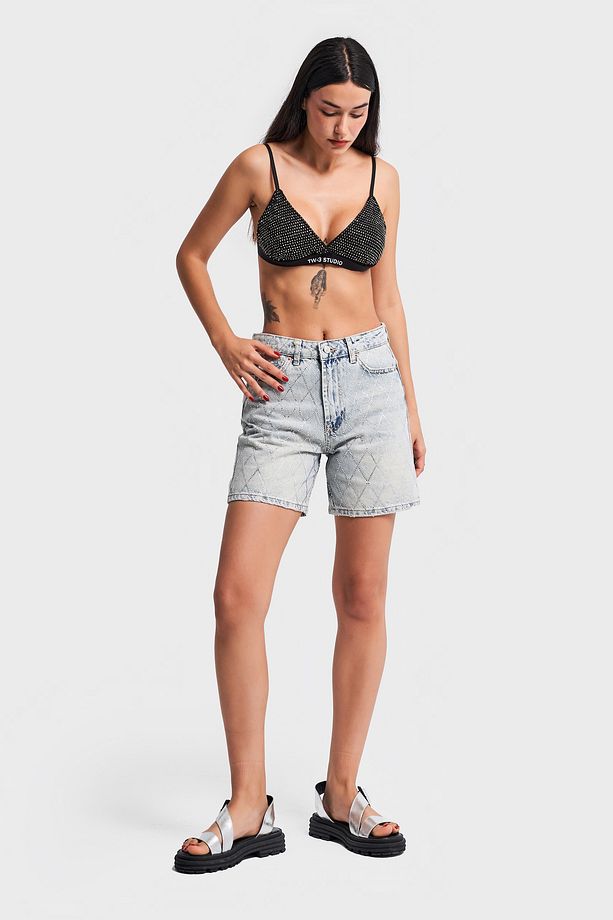 Kadın Tint Renk Önü Parlak Taşlı Mom Fit Denim Şort - 6