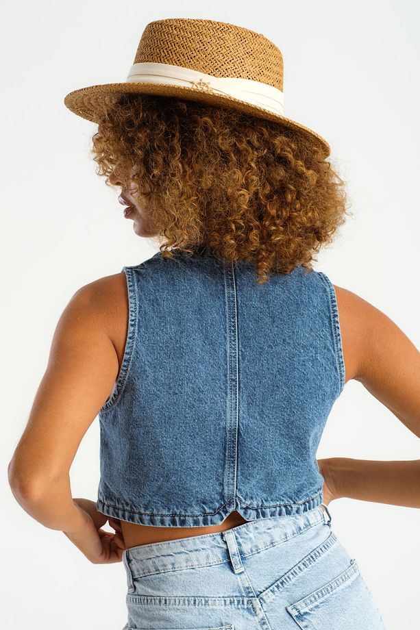 Kadın Mavi Renk Önü Düğmeli Sıfır Kol Denim Yelek - 5