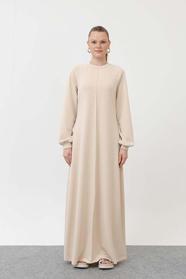 Rochie simplă bej cu mâneci 12557 - 4