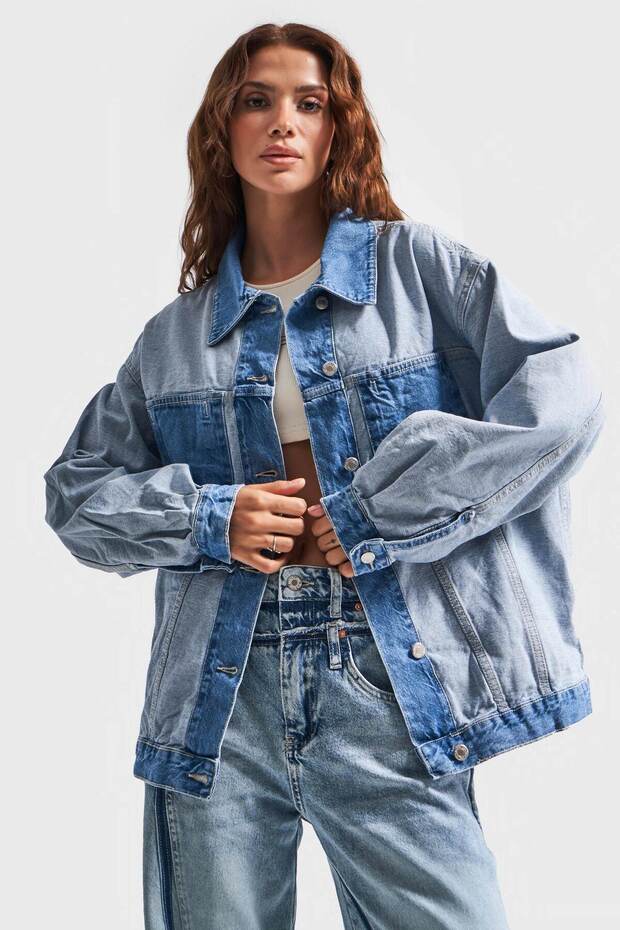 Kadın Kot Rengi Çift Renk Oversize Denim Ceket - 6