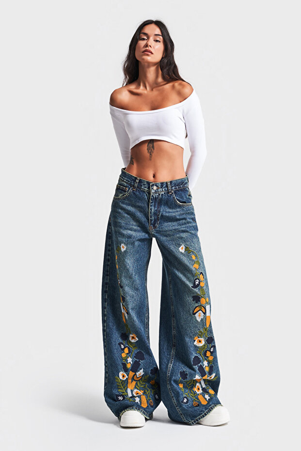Women's T-Shirt Color Embroidered Design Palazzo Fit Denim Jeans