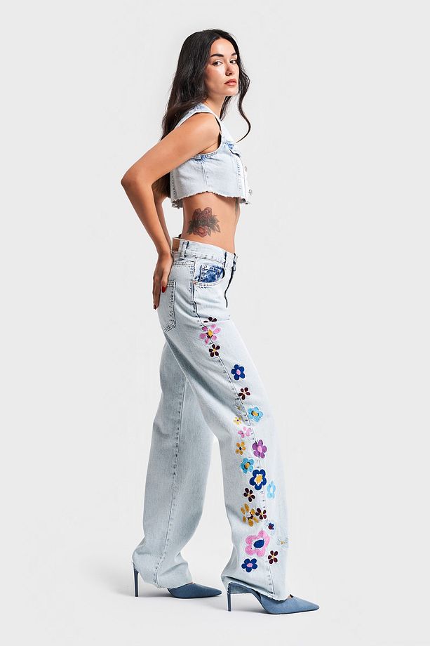 Kadın Snow Kot Rengi Çiçek Nakışlı Loose Fit Tasarım Denim - 4