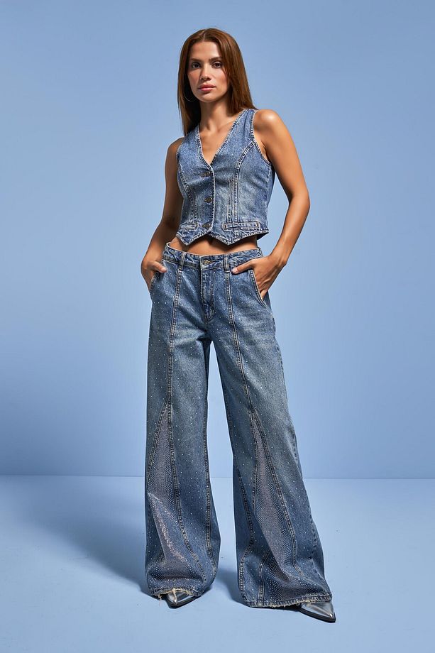 Kadın Kot Rengi Parlak Taşlı Denim Yelek - 5