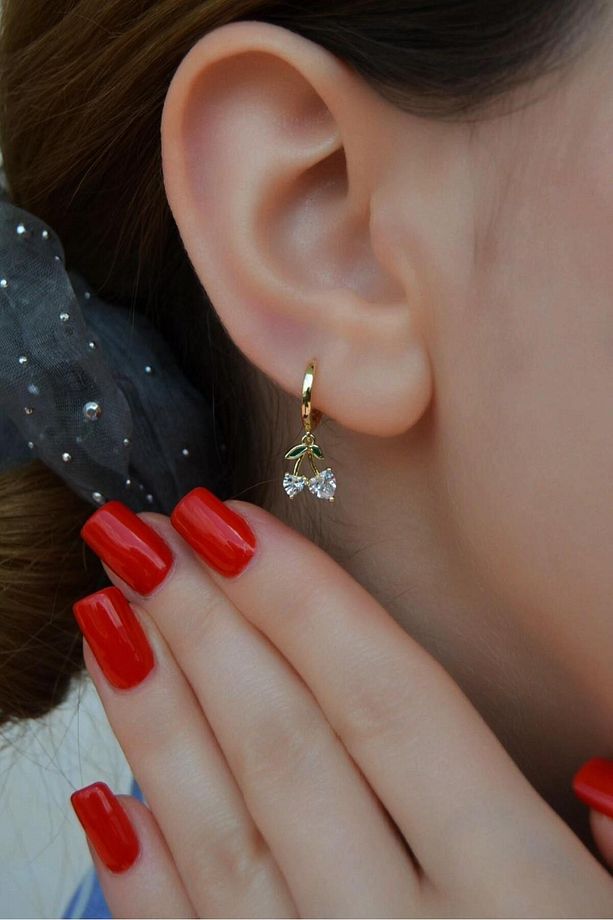 Zirkon Kalp Taşlı Kiraz Charm Halka Piercing – 14k Gold Renk | Helix, Kıkırdak, Lob Uyumlu | Tekli - 4